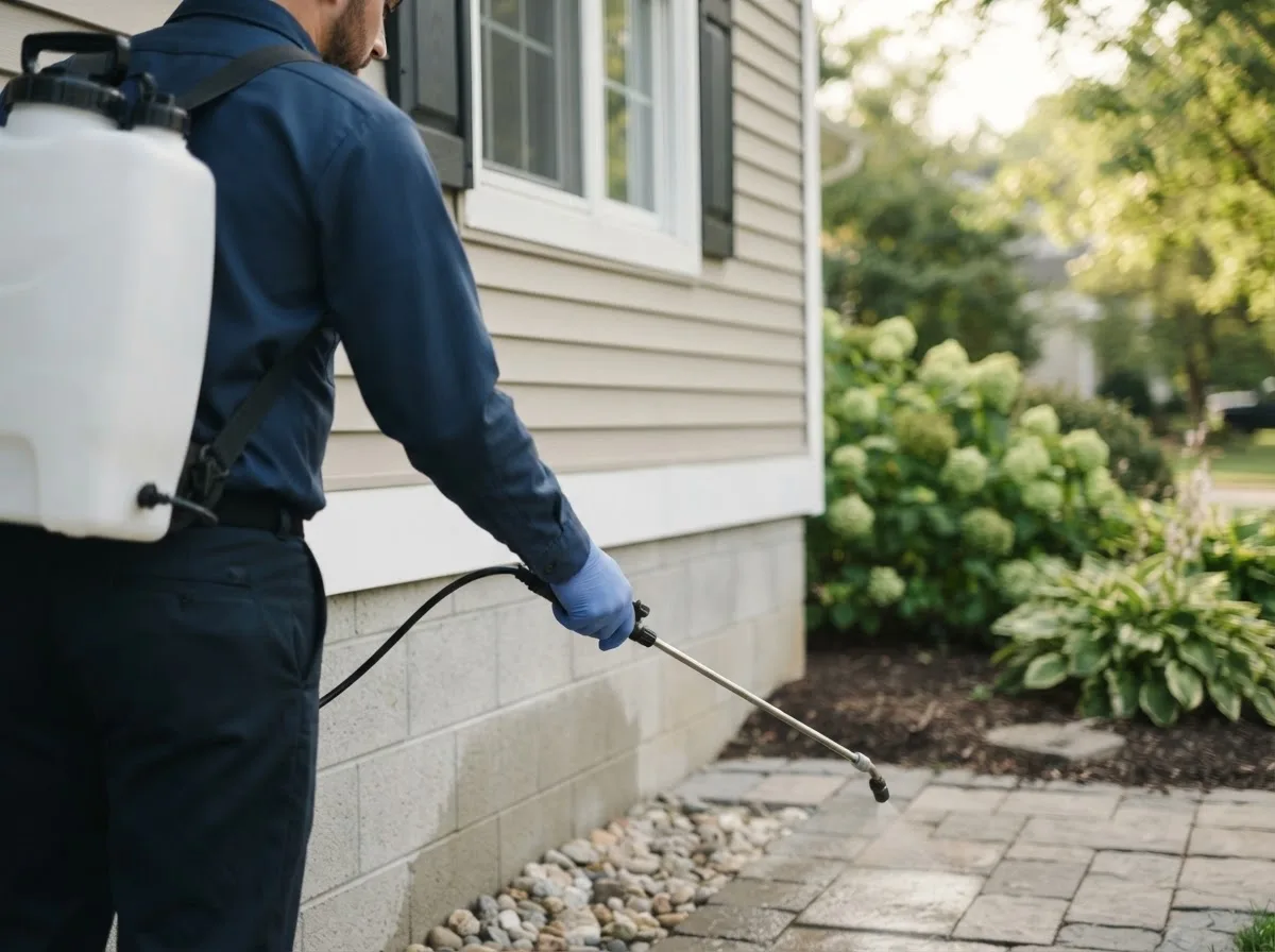 Pest control technician inspecting a home in Dennison, IL